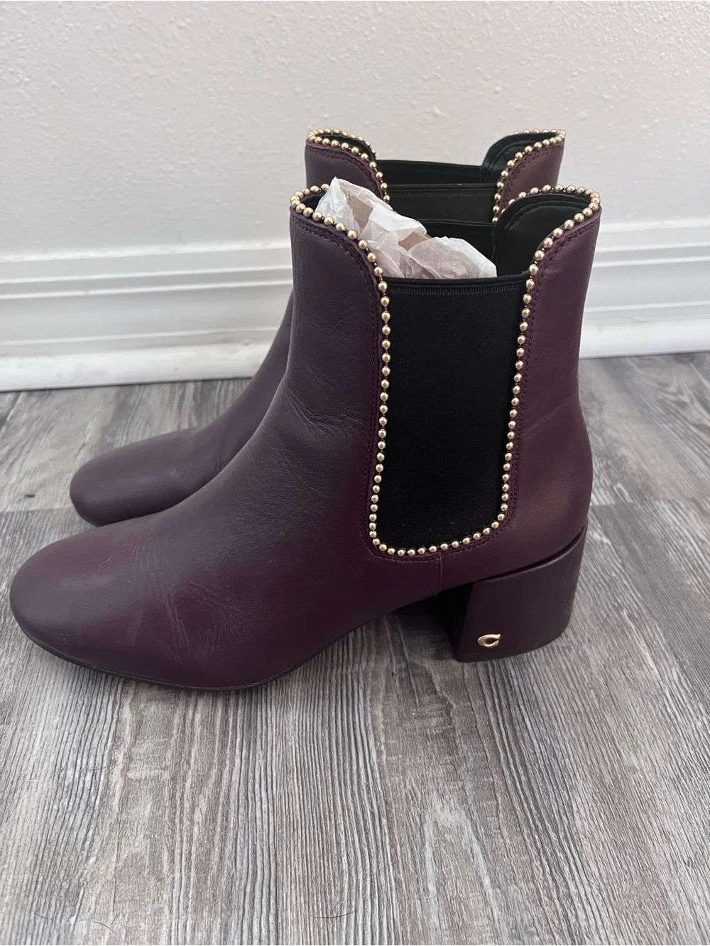 Coach Women's Burgundy Leather Ankle Booties with Gold Stud Trim
